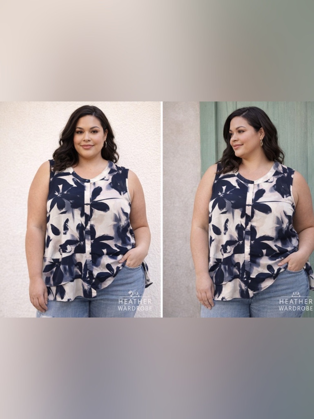 Simply Vera Vera Wang Beautiful Flowy Navy and Cream Floral Sleeveless Top 1X